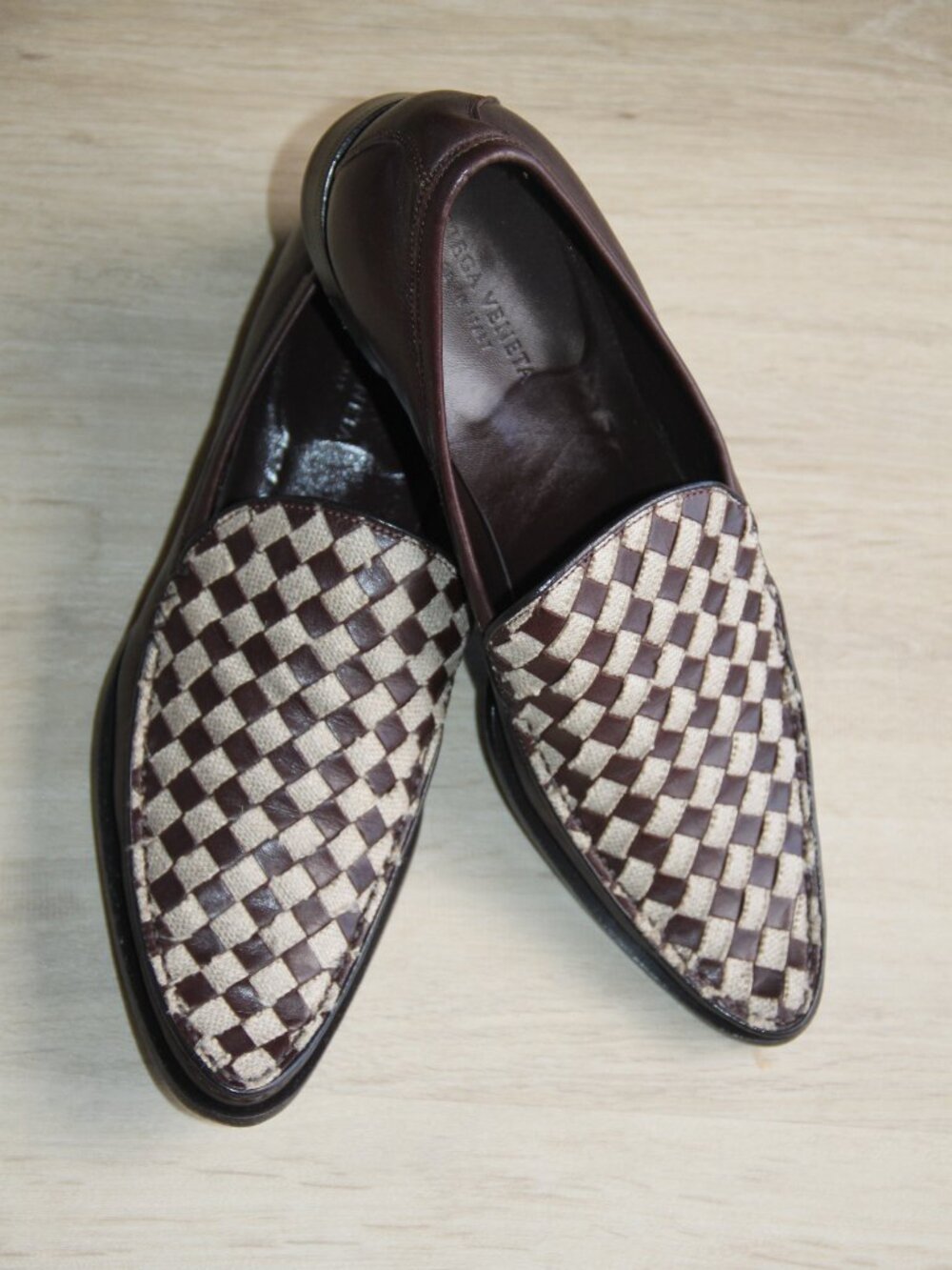 BOTTEGA VENETA Italy Loafers Iconic Brown Woven Leather Canvas Flats Size 38.5